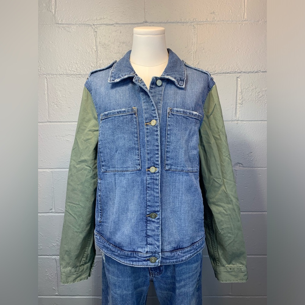Anthropology Pilcro Denim Army Khaki Green Jean Jacket Women's Size Large - Picture 3 of 11